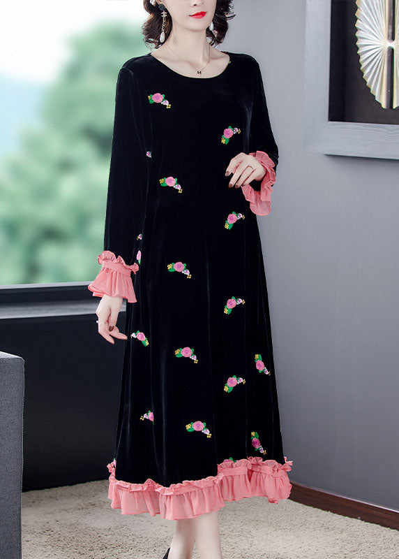 French Black Embroidered Floral Velour Dress Spring