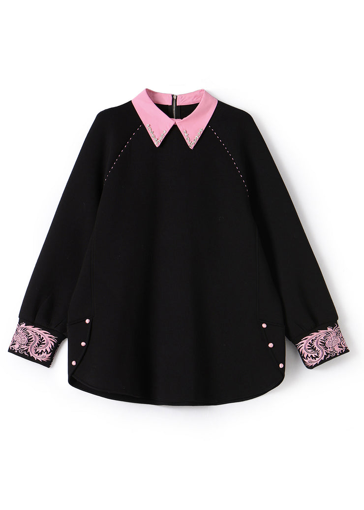 French Black Embroidered Patchwork Cotton Sweatshirts Spring