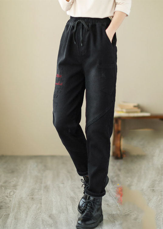 French Black Embroidered Patchwork denim Pants Winter