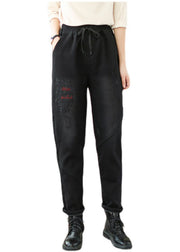 French Black Embroidered Patchwork denim Pants Winter