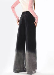 French Black Embroidered Pockets Denim Straight Pants Fall