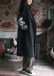French Black Embroidered Pockets Woolen Trench Winter