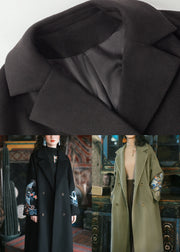 French Black Embroidered Pockets Woolen Trench Winter