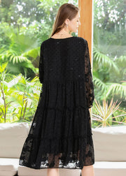 French Black Embroidered Ruffled Hollow Out Chiffon Dresses Spring
