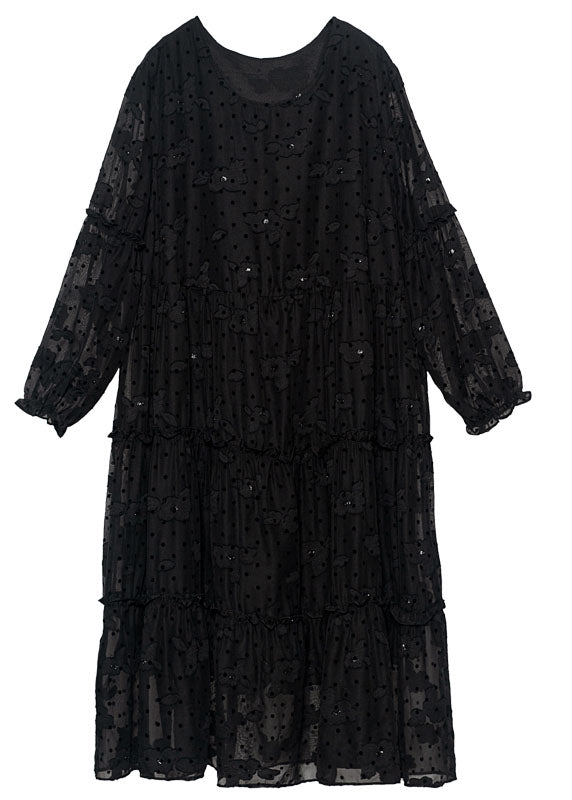 French Black Embroidered Ruffled Hollow Out Chiffon Dresses Spring