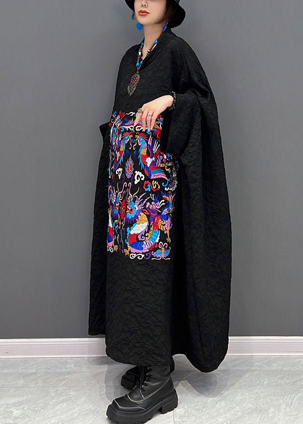 French Black Embroidered Wrinkled Dresses Gown Batwing Sleeve