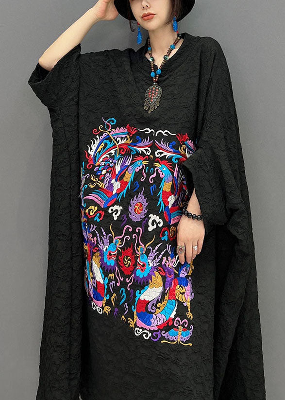 French Black Embroidered Wrinkled Dresses Gown Batwing Sleeve