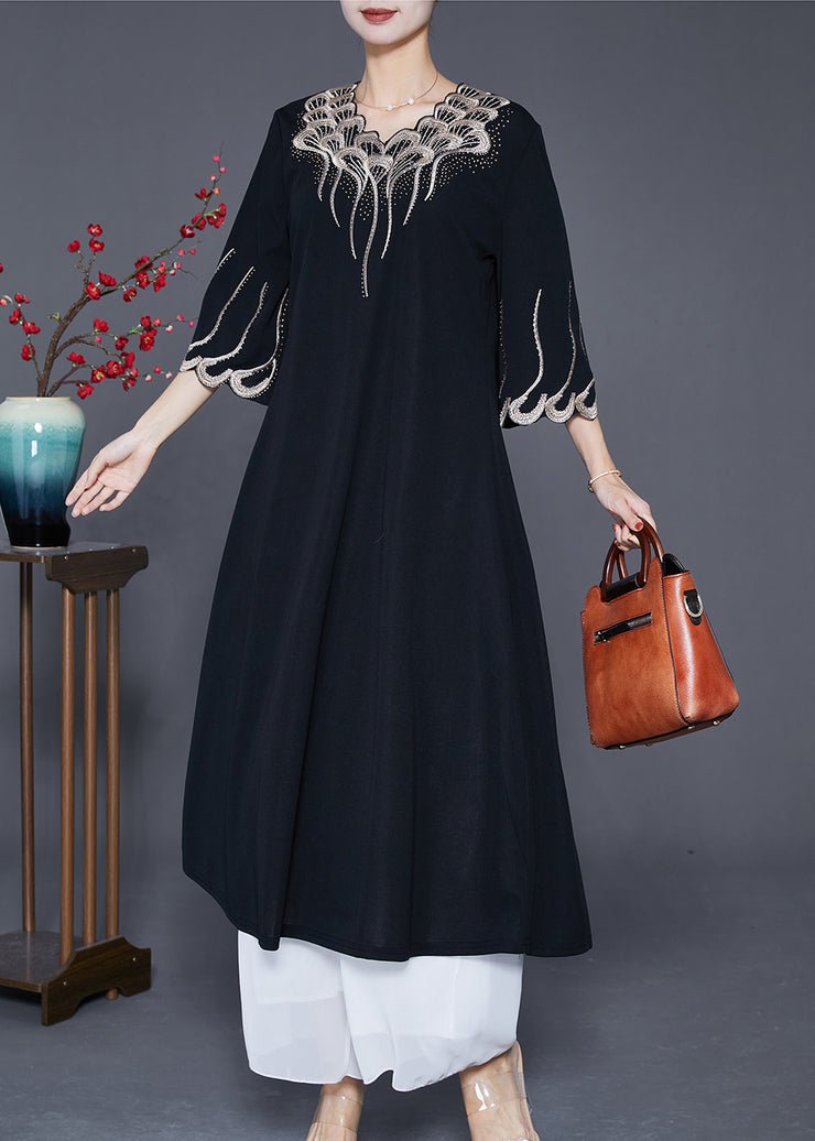 French Black Embroidered Zircon Exra Large Hem Long Dresses Summer