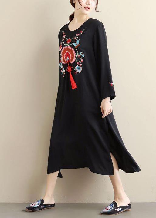 French Black Embroidery Quilting Dresses O Neck Tassel Kaftan Spring Dress - SooLinen