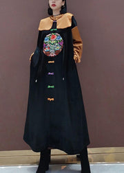 French Black Embroidery Tunic Stand Collar Patchwork Plus Size Spring Dresses - SooLinen
