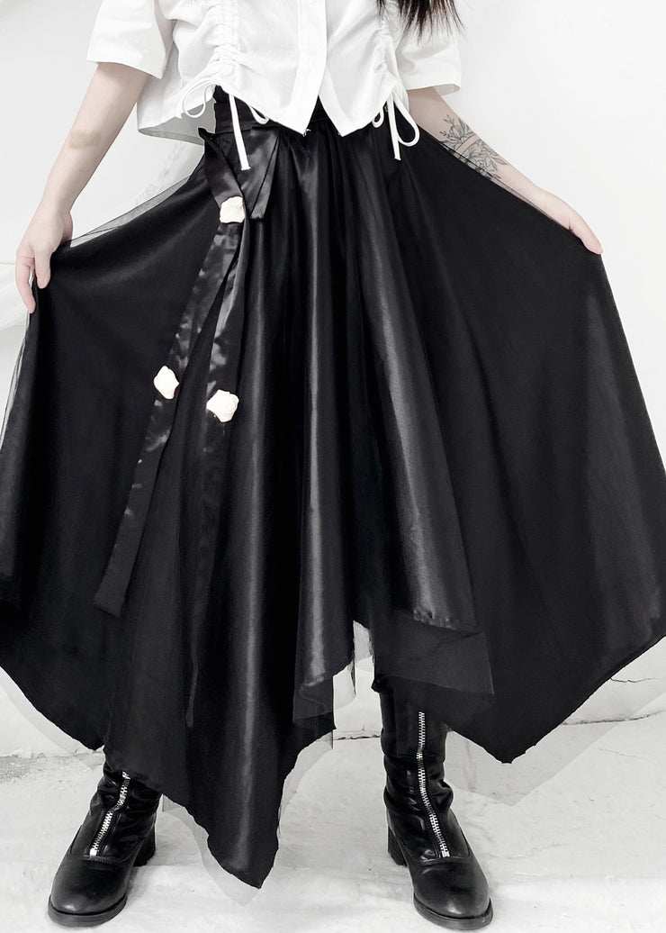 French Black Floral Asymmetrical High Waist Tulle Maxi Skirts Summer