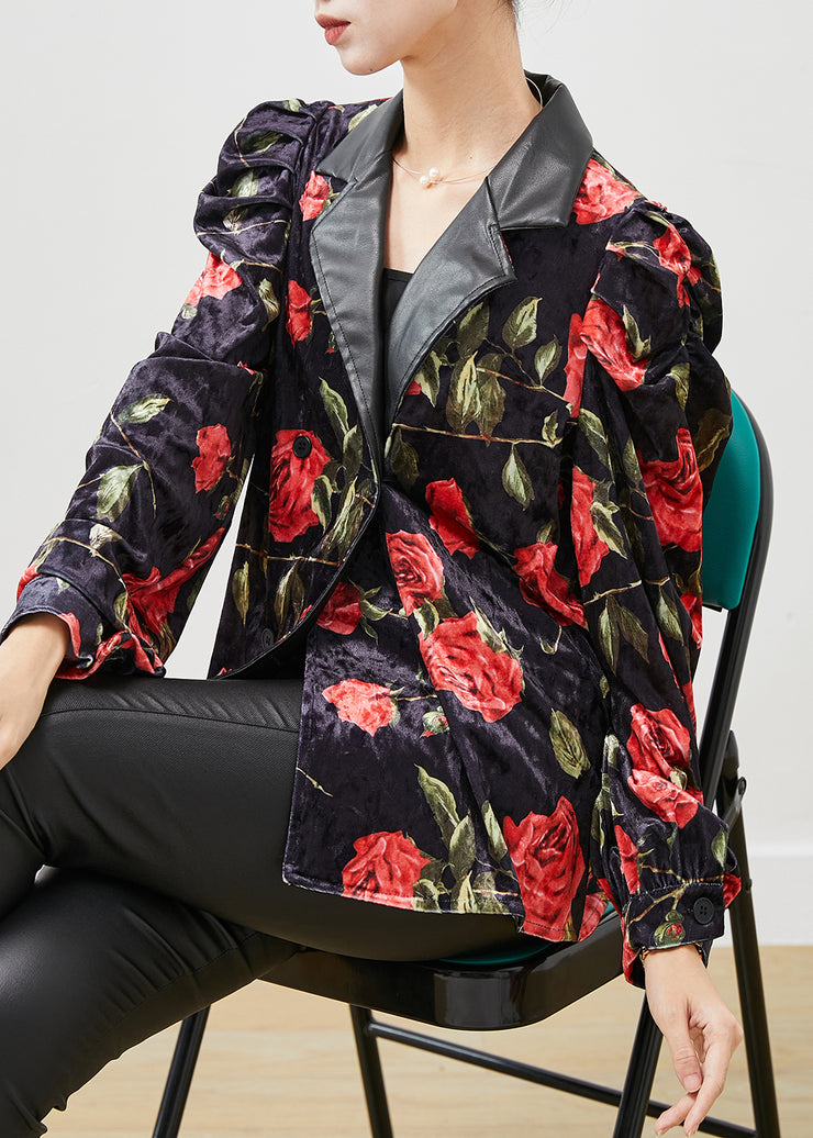 French Black Floral Double Breast Velour Coats Puff Sleeve
