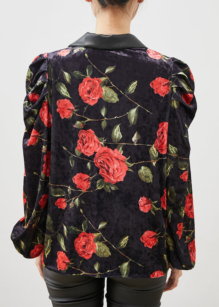 French Black Floral Double Breast Velour Coats Puff Sleeve