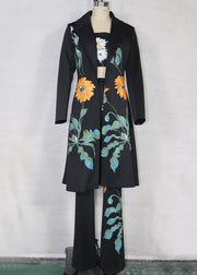 French Black Floral Print Chiffon Cinch Trench Coats And Pants Three Piece Set Spring