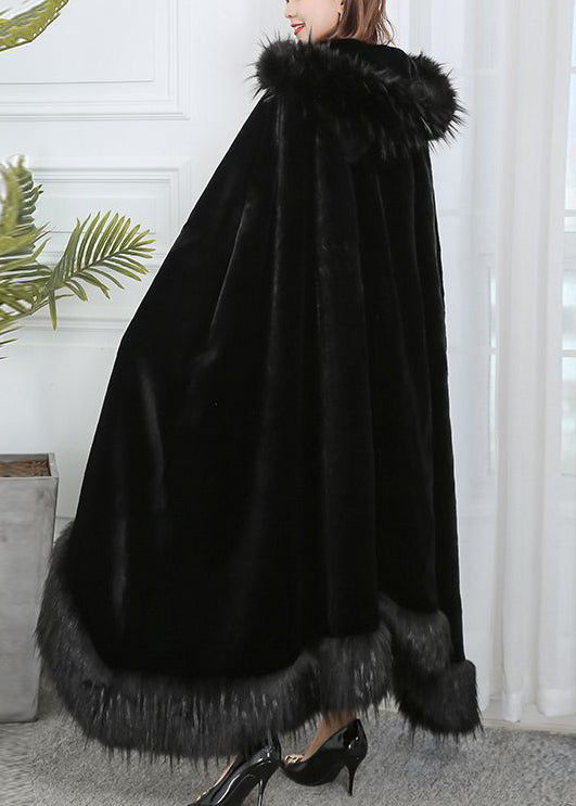 French Black Fur Collar Hooded Faux Fur Cloak Winter