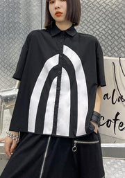 French Black Graphic Buttonlow high design Shirt Top - SooLinen