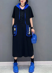 French Black Graphic Print Patchwork Vacation Hooded Maxi Dresses Short Sleeve