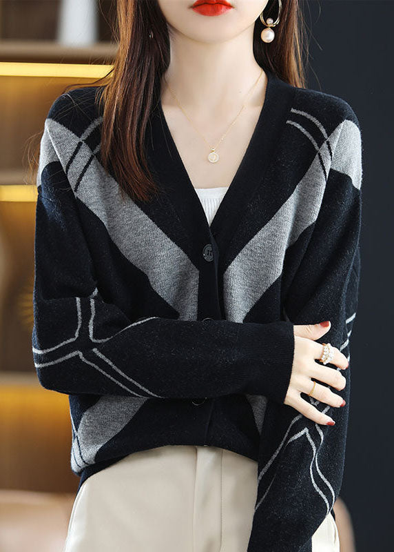 French Black Grey V Neck Print Lazy Knit Coats Long Sleeve