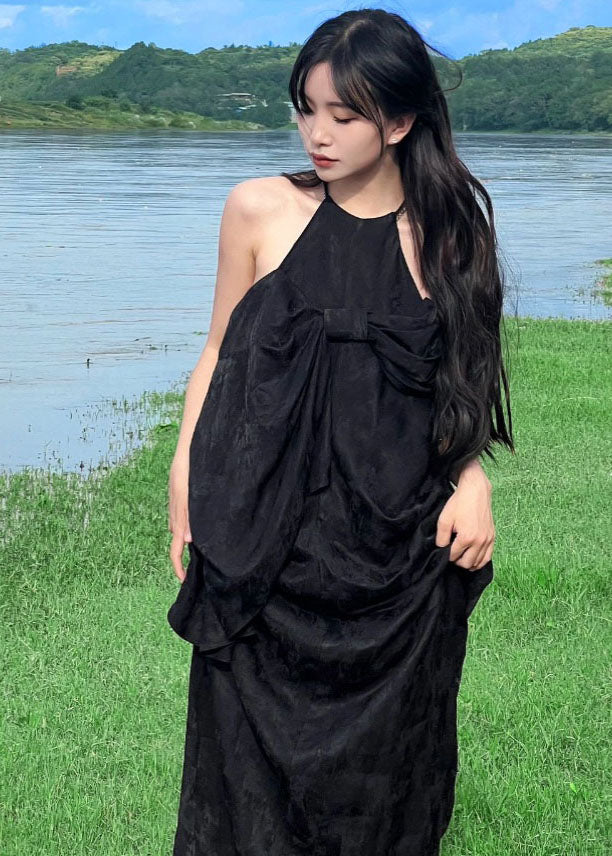 French Black Halter Bow Wrinkled Maxi Dress Summer
