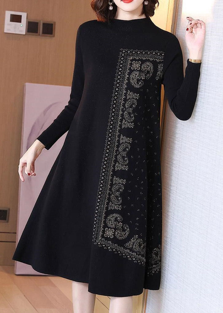 French Black High Neck Jacquard Wool Maxi Dresses Spring
