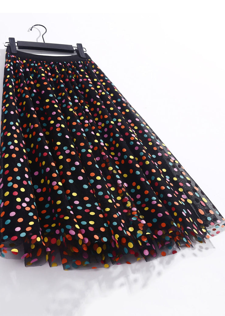 French Black High Waist Dot Print Tulle A Line Skirt Spring