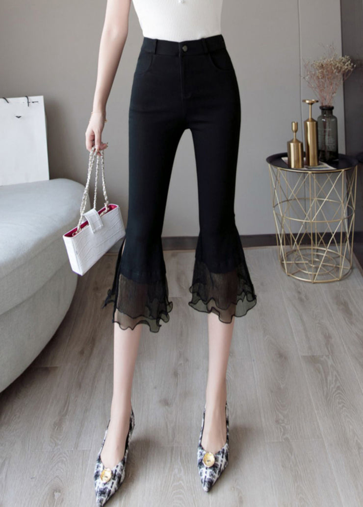 French Black High Waist Lace Patchwork Bell Bottom Trousers Summer