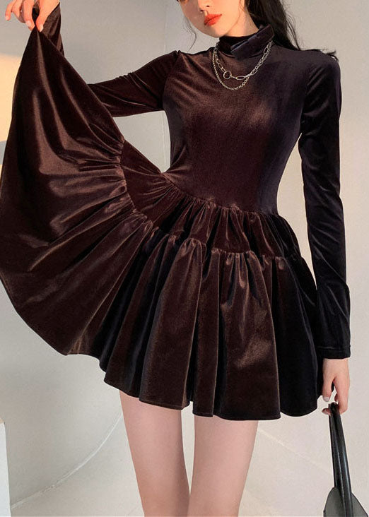 French Black Hign Neck Wrinkled Patchwork Silk Velour Dress Spring