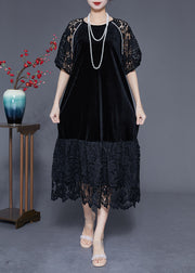 French Black Hollow Out Lace Patchwork Silk Velour Maxi Dresses Summer