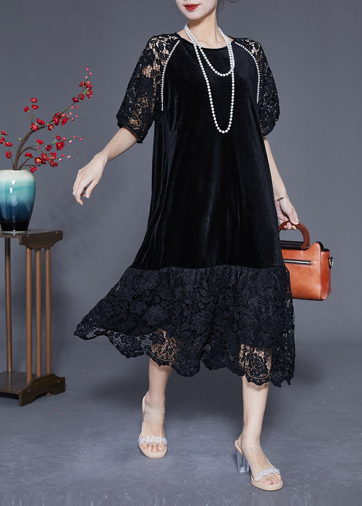 French Black Hollow Out Lace Patchwork Silk Velour Maxi Dresses Summer