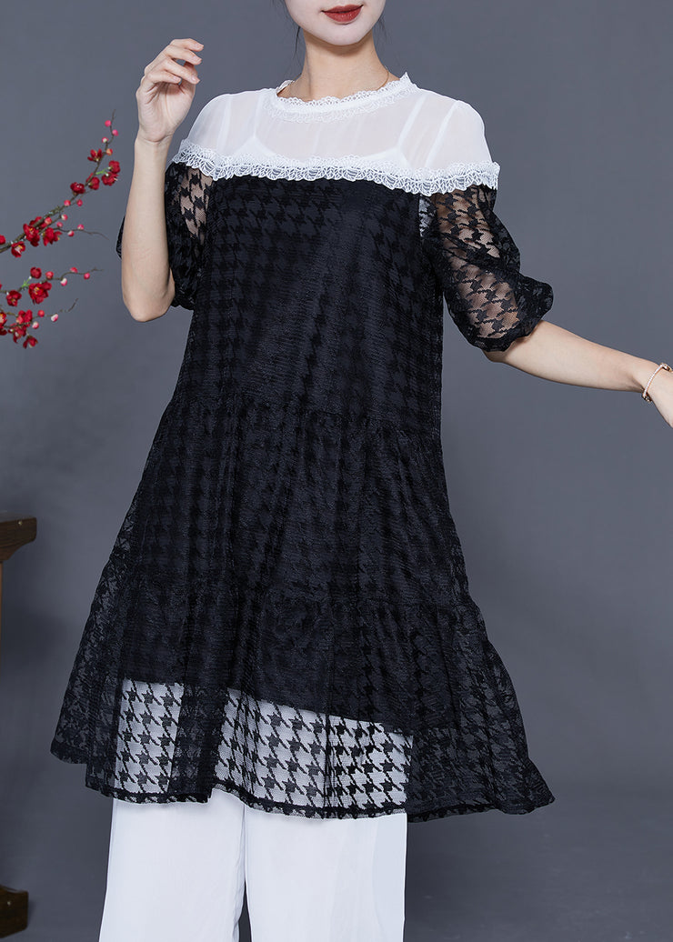 French Black Hollow Out Patchwork Tulle Party Dress Summer