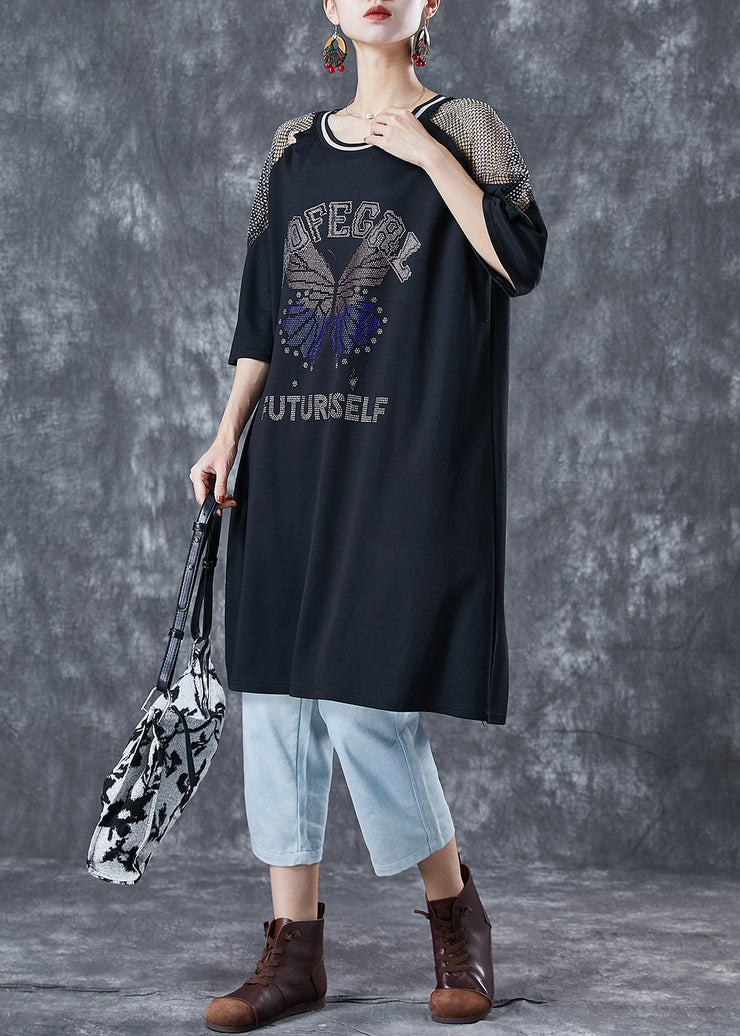 French Black Hollow Out Patchwork Zircon Butterfly Cotton Dresses Summer