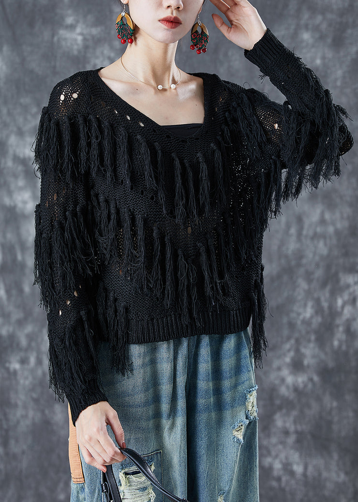 French Black Hollow Out Tassel Knit Top Summer