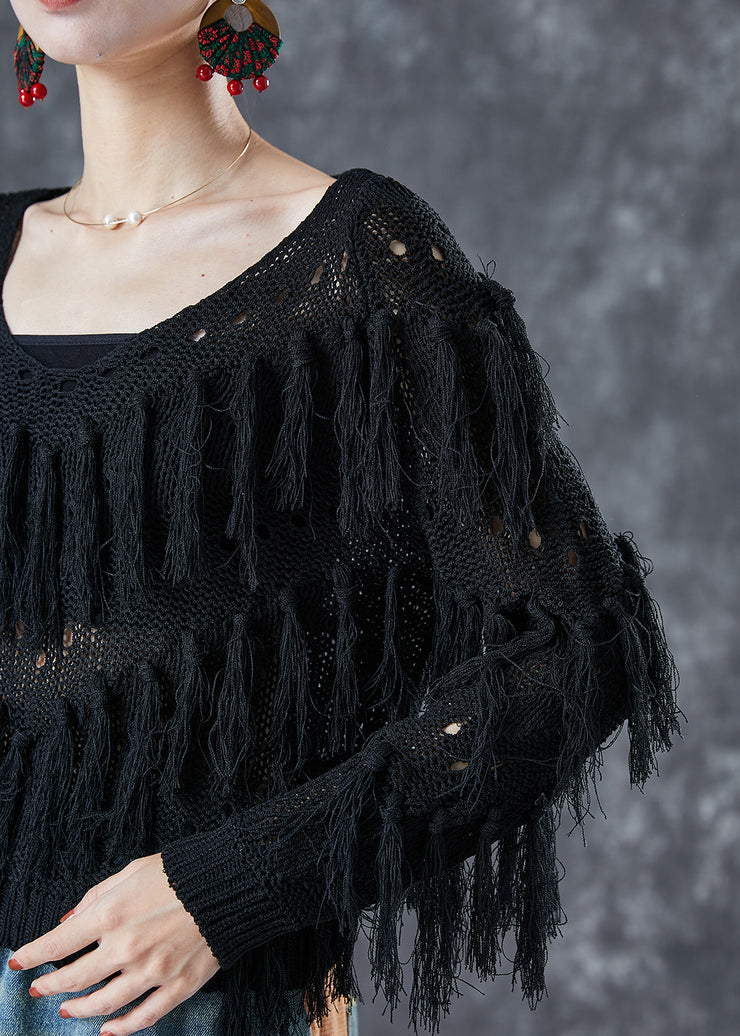 French Black Hollow Out Tassel Knit Top Summer