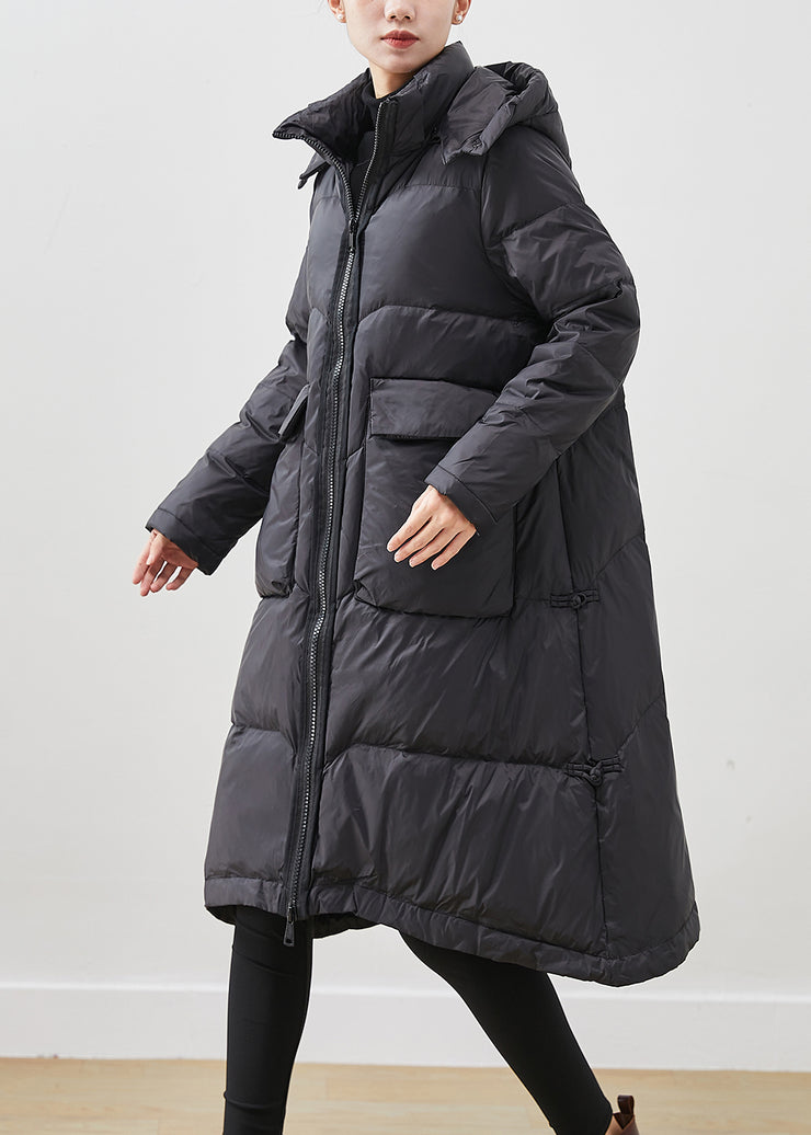 French Black Hooded Big Pockets Duck Down Jacket In Winter
