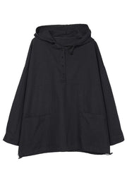 French Black Hooded Drawstring Patchwork Pockets Cotton Tops Fall