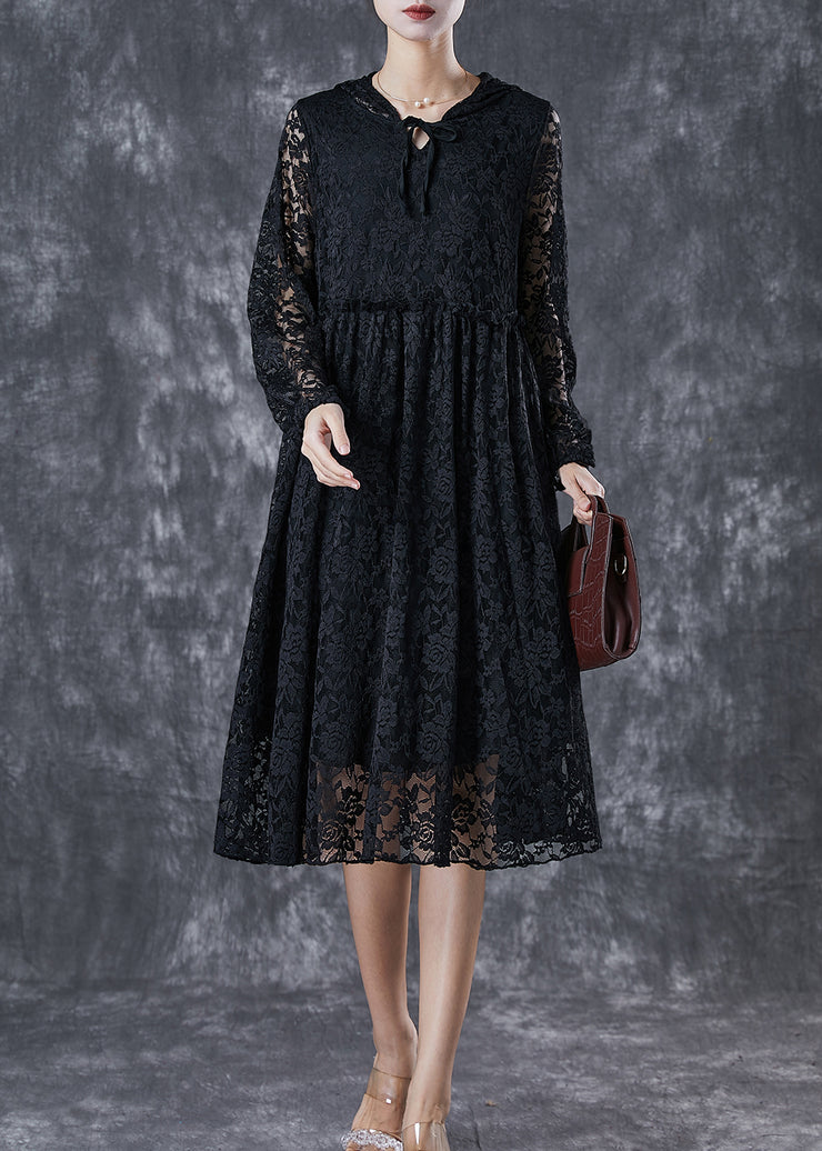 French Black Hooded Hollow Out Lace Maxi Dresses Fall