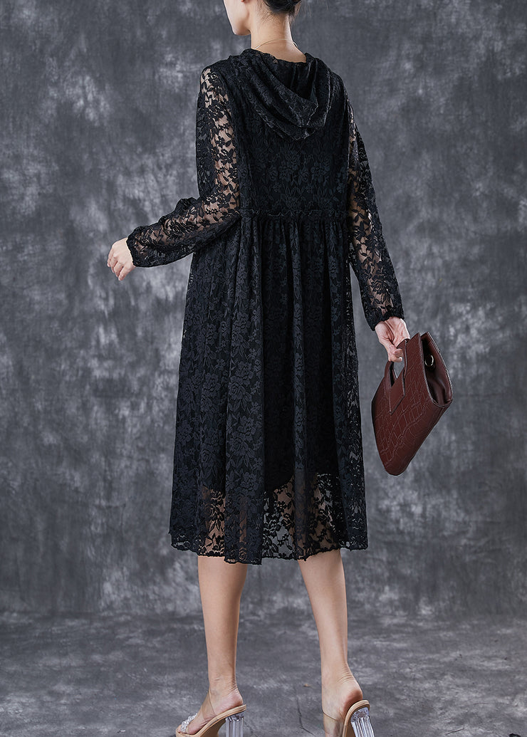 French Black Hooded Hollow Out Lace Maxi Dresses Fall