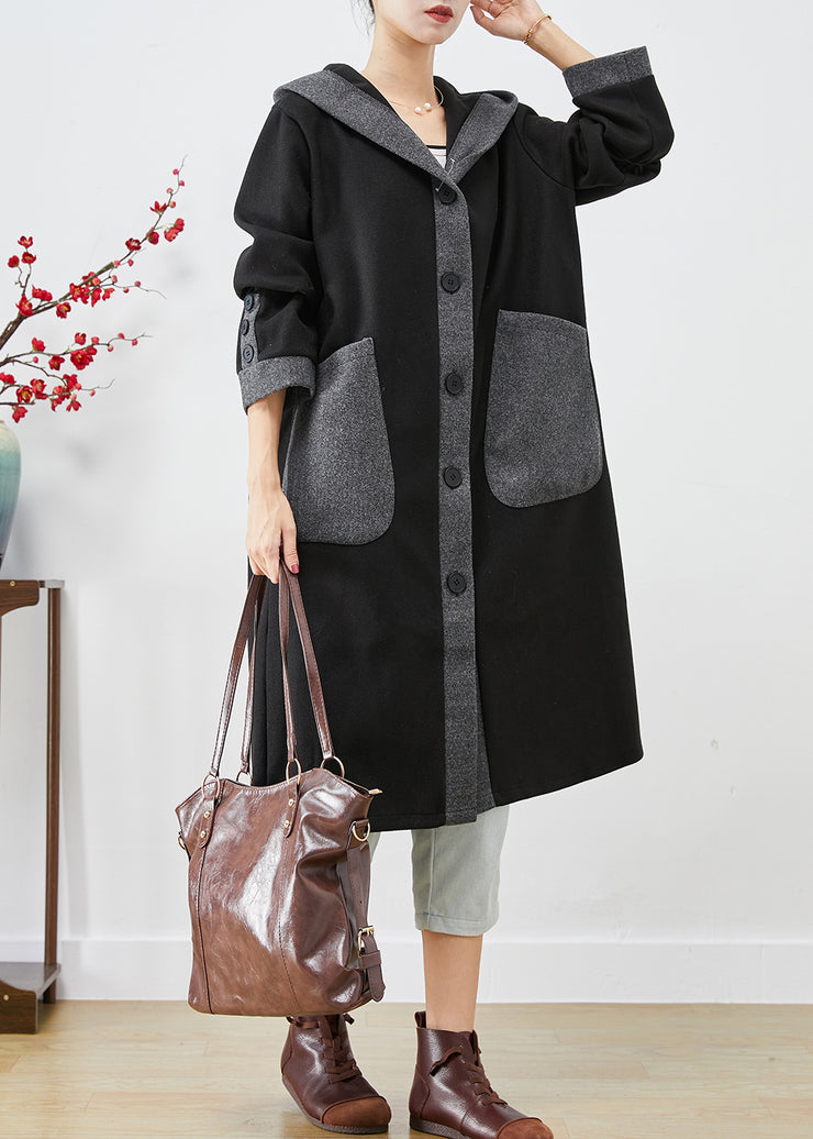 French Black Hooded Patchwork Pockets Woolen Coat Outwear Fall
