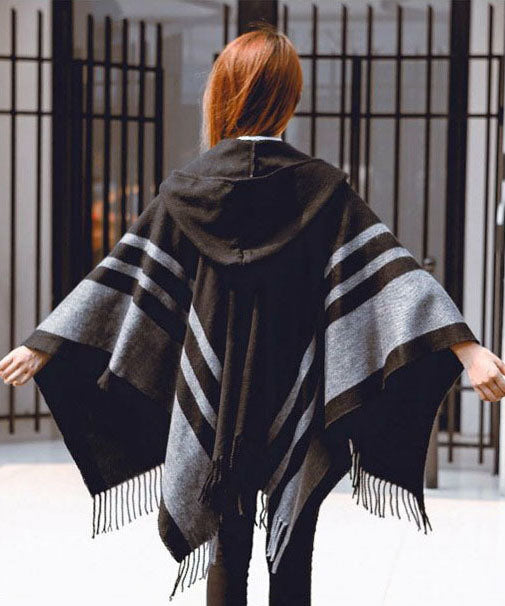 French Black Hooded Tasseled Striped Cotton Shawl