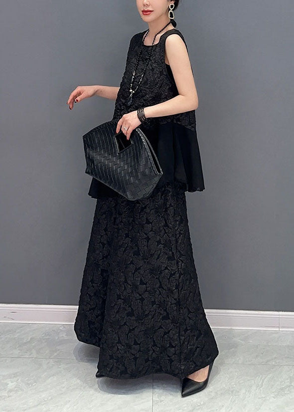 French Black Jacquard Asymmetrical Patchwork Ruffles Silk Two Piece Set Outfits Sleeveless