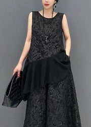 French Black Jacquard Asymmetrical Patchwork Ruffles Silk Two Piece Set Outfits Sleeveless
