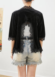 French Black Lace Patchwork Back Side Open Silk Velour Cardigan Fall
