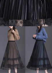 French Black Lace Patchwork Plissee Wear auf beiden Seiten Herbstrock