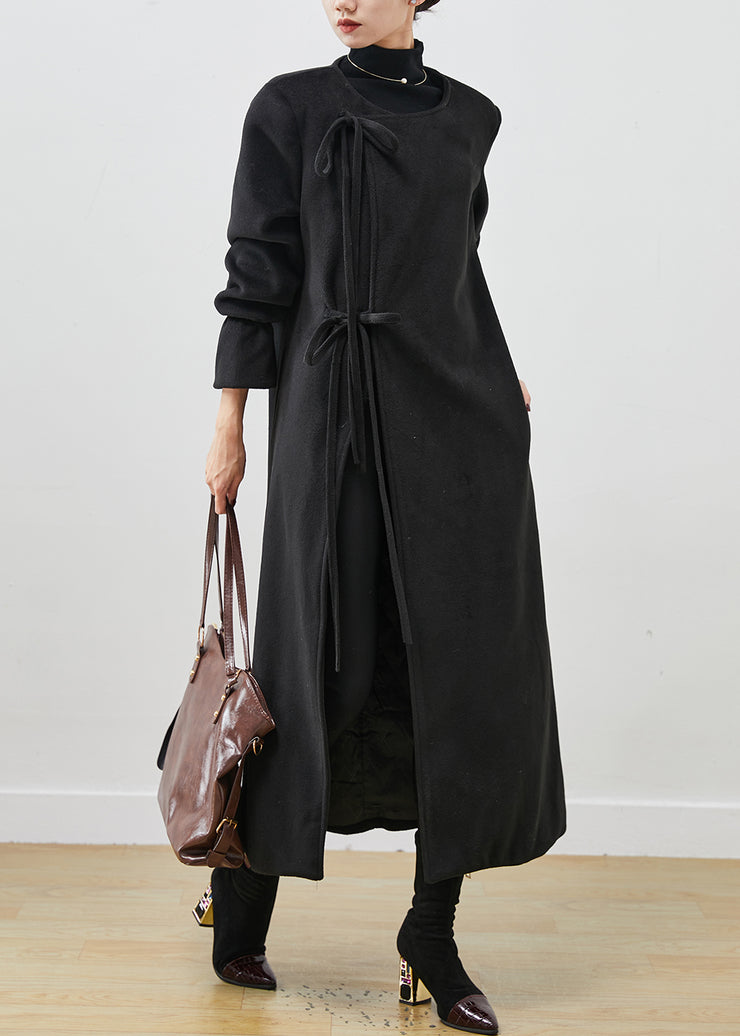 French Black Lace Up Woolen Trench Spring