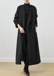 French Black Lace Up Woolen Trench Spring