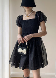 French Black Nail Bead Lace Up Tulle Mid Dress Puff Sleeve