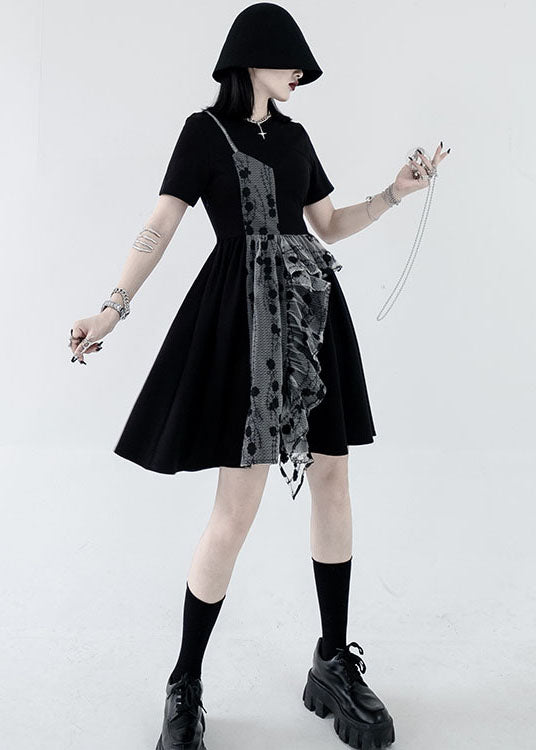 French Black O-Neck Asymmetrisches Design Patchwork Rüschen Cotton Fake Two Pieces Plissee Kleider Sommer