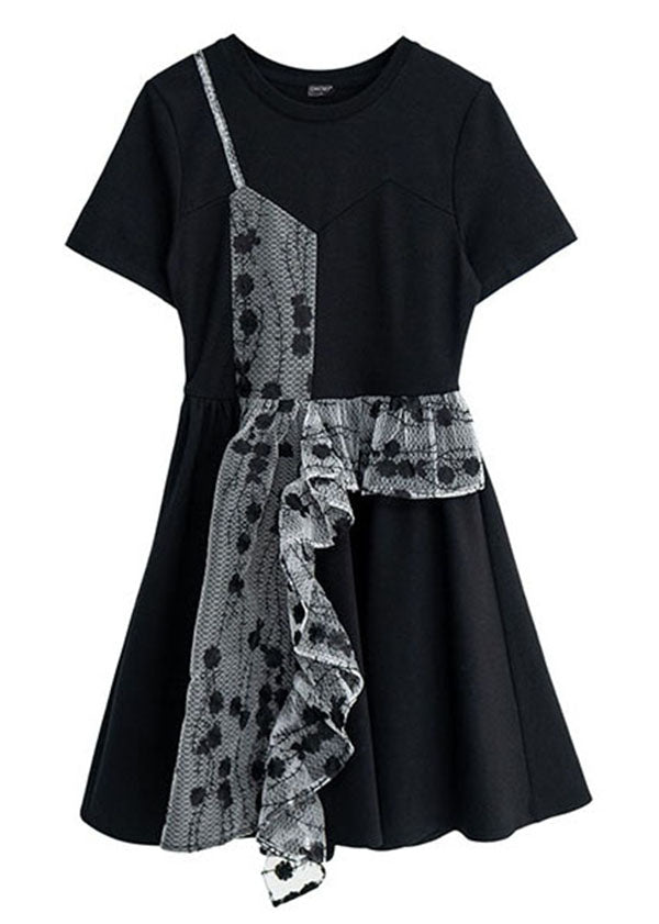 French Black O-Neck Asymmetrisches Design Patchwork Rüschen Cotton Fake Two Pieces Plissee Kleider Sommer