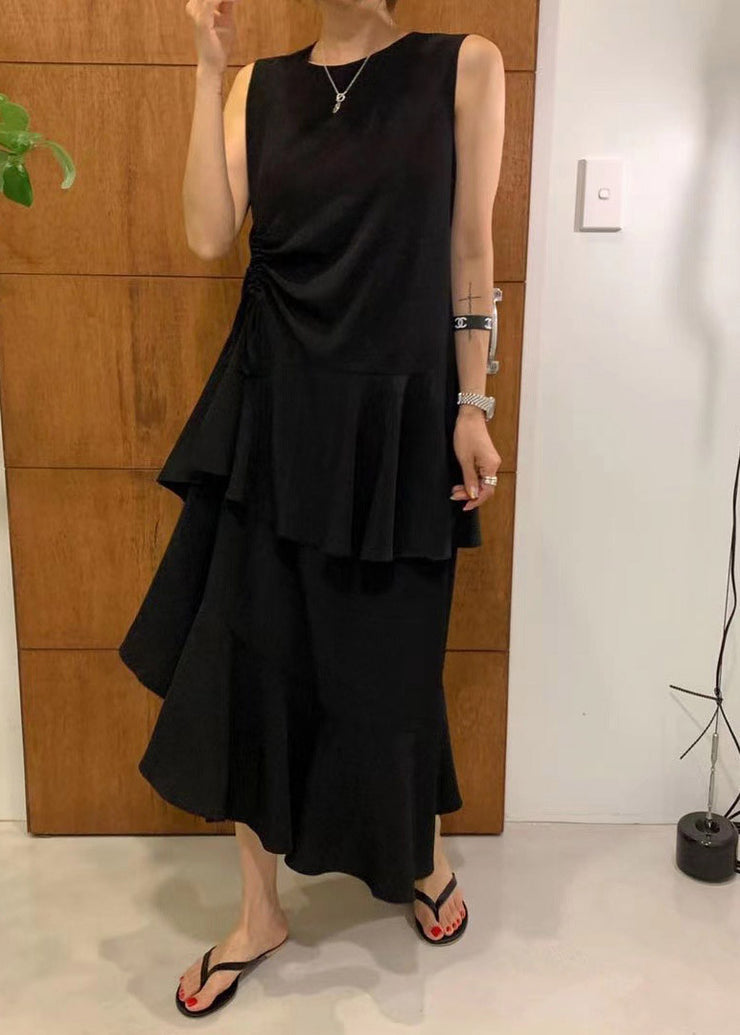 French Black O-Neck Asymmetrical Drawstring Ruffled Maxi Layered Dress Summer