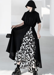Französisches schwarzes O-Ausschnitt asymmetrisches Patchwork-Druck-Baumwoll-Langarmkleid mit kurzen Ärmeln